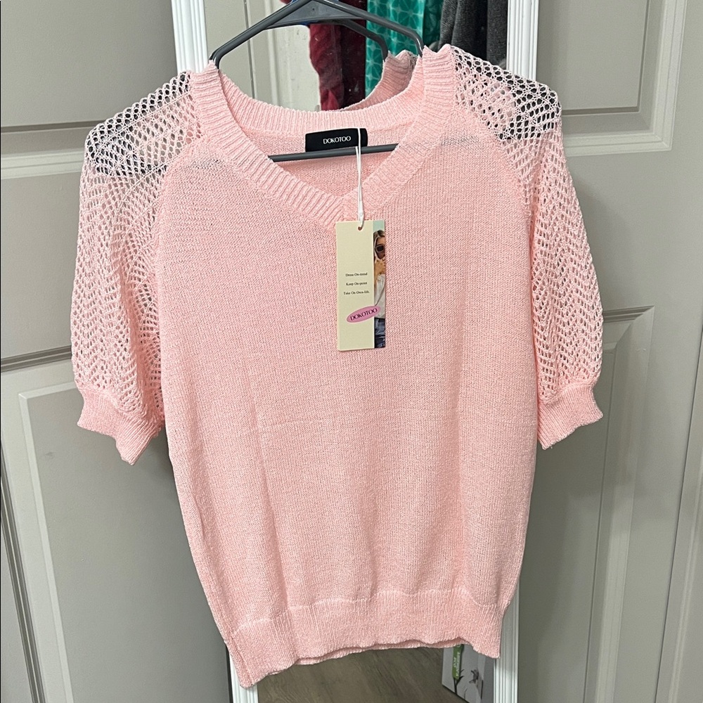 Express Light Pink Knit Top with Mesh Sleeves